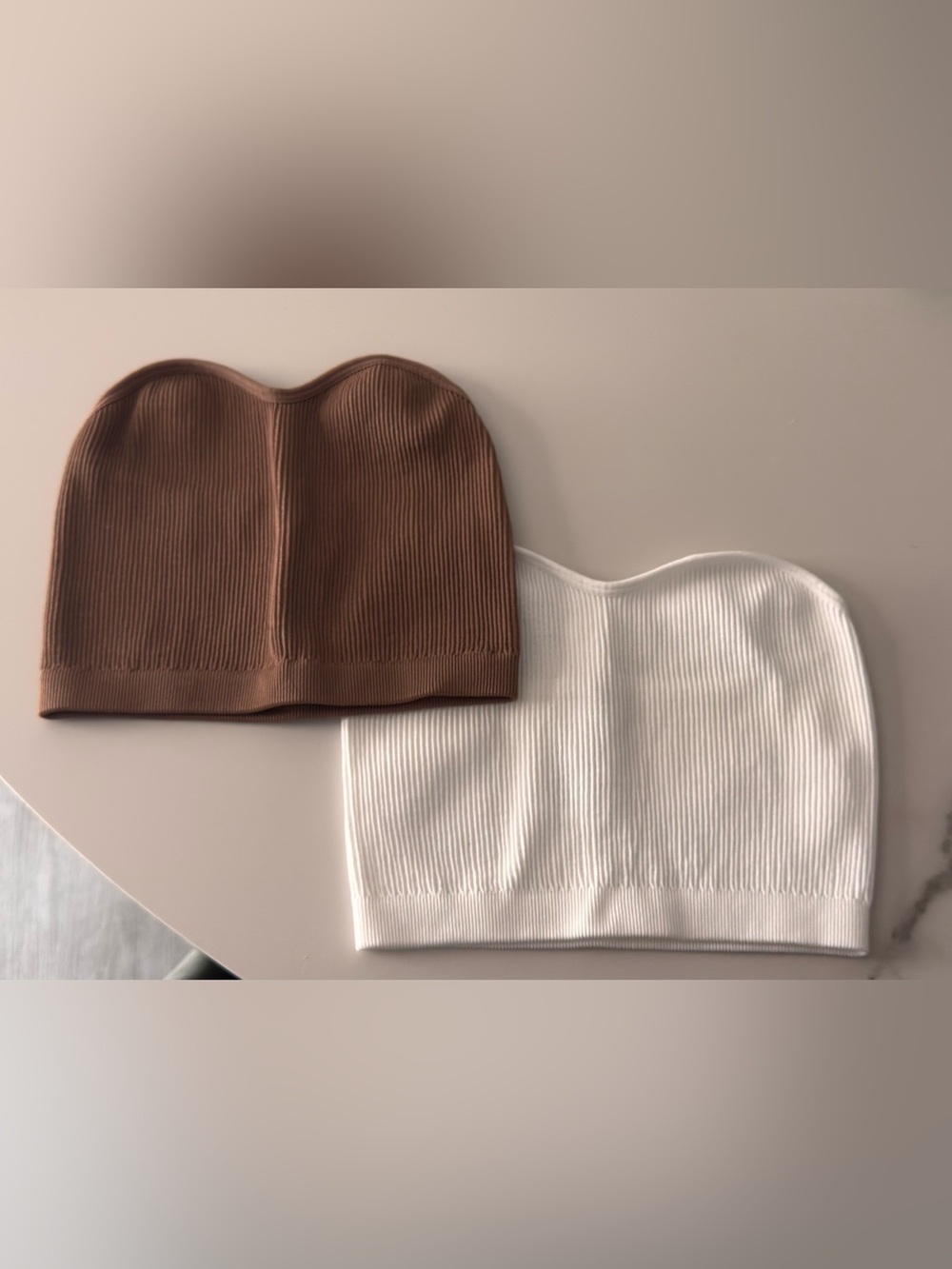 Ribbed Strapless Crop Top - Brown and White